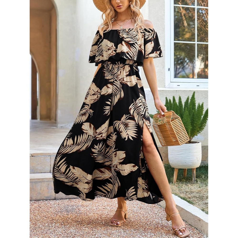 CUPSHE Women Black Tropical Leaf Print Off The Shoulder Maxi Dress Medium NWT